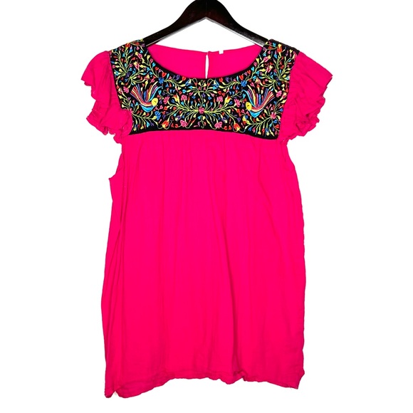 Mexican Embroidered Blouse Peasant Floral Bohemian Hippie Flutter Sleeve (L/XL) - Picture 1 of 8